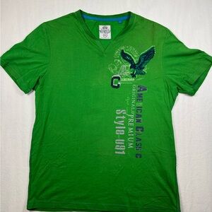 Xios Newyork Men's Green Graphic Print Cotton T-Shirt V-Neck Short Sleeve XL